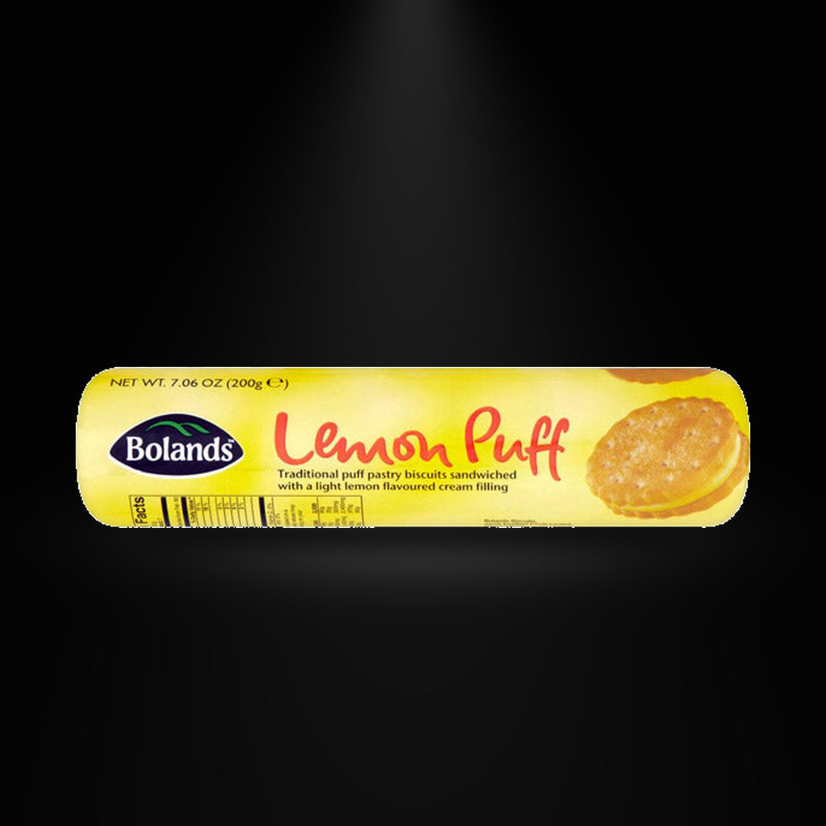 Bolands Lemon Puff on a black background with an overhead spotlight