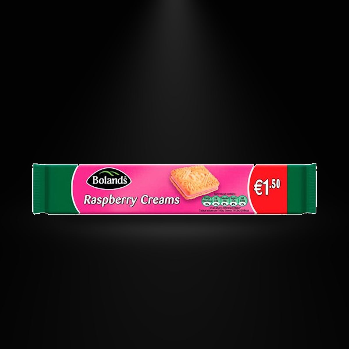 Bolands Raspberry Creams on a black background with an overhead spotlight