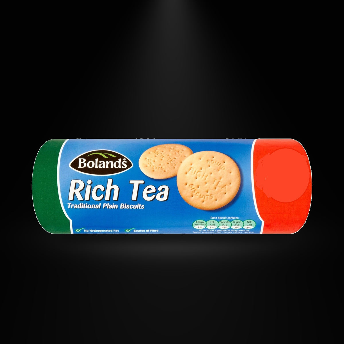 Bolands Rich Tea on a black background with an overhead spotlight