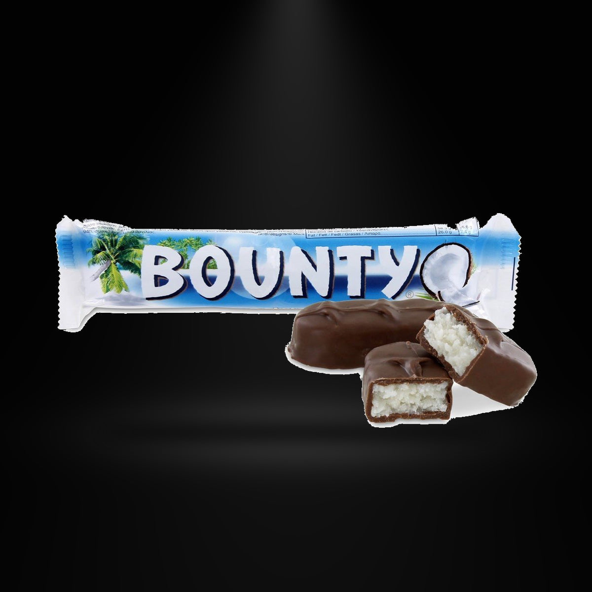 Bounty Milk Chocolate 57g on a black background with an overhead spotlight