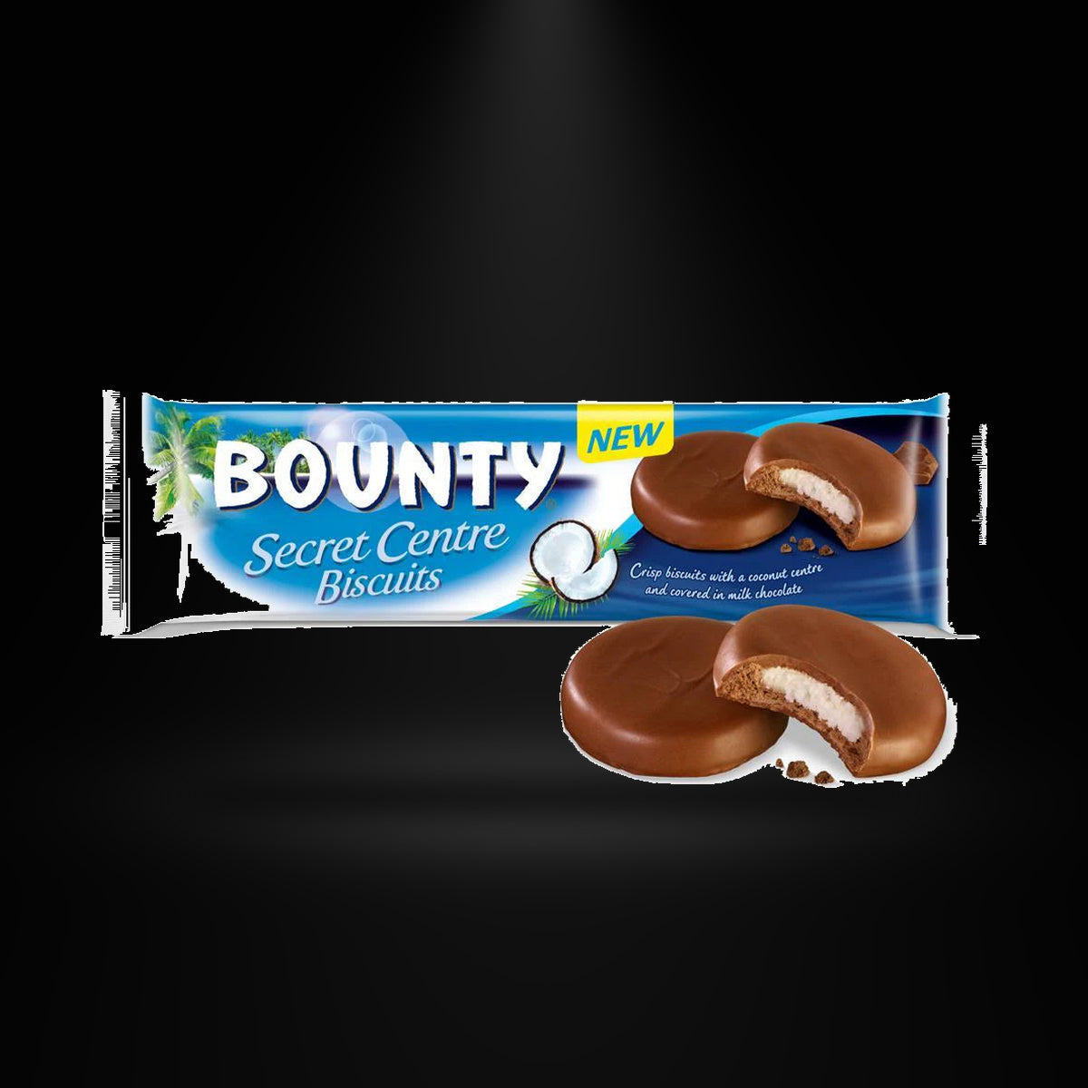 Bounty Secret Centre Biscuit on a black background with an overhead spotlight