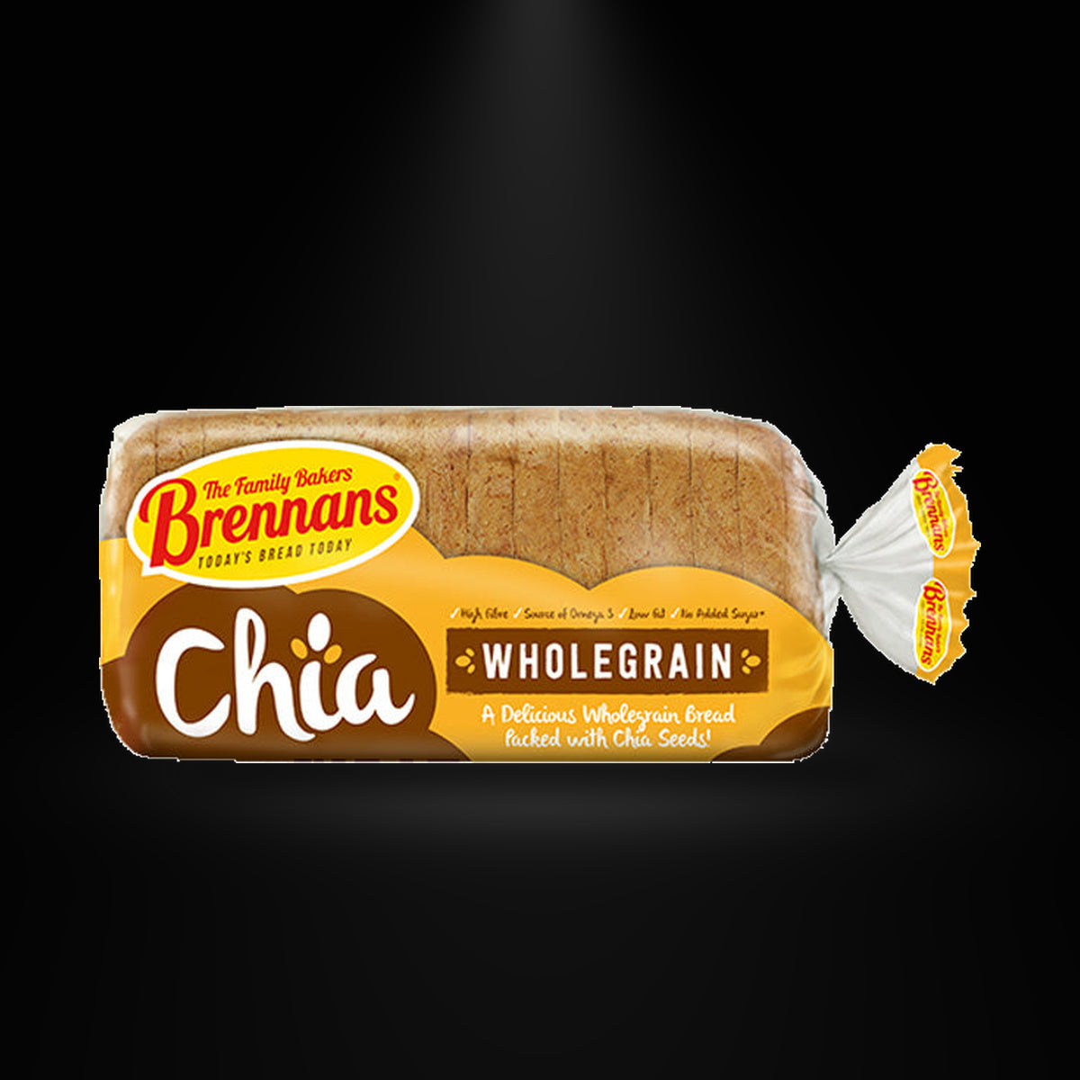Brennans Chia Bread 800G on a black background with an overhead spotlight