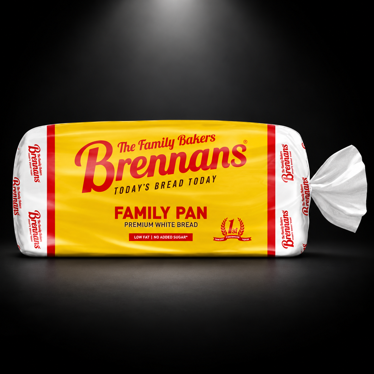Brennans Family Toast Pan Bread 800g — black background and overhead spotlight
