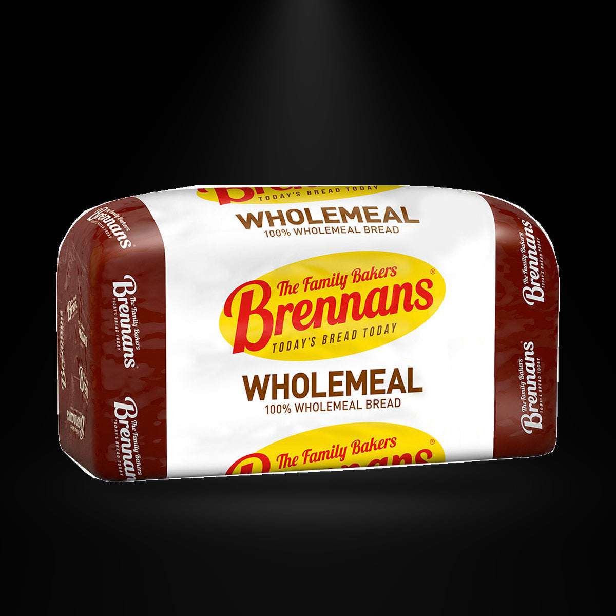 Brennans wholemeal 800G on a black background with an overhead spotlight