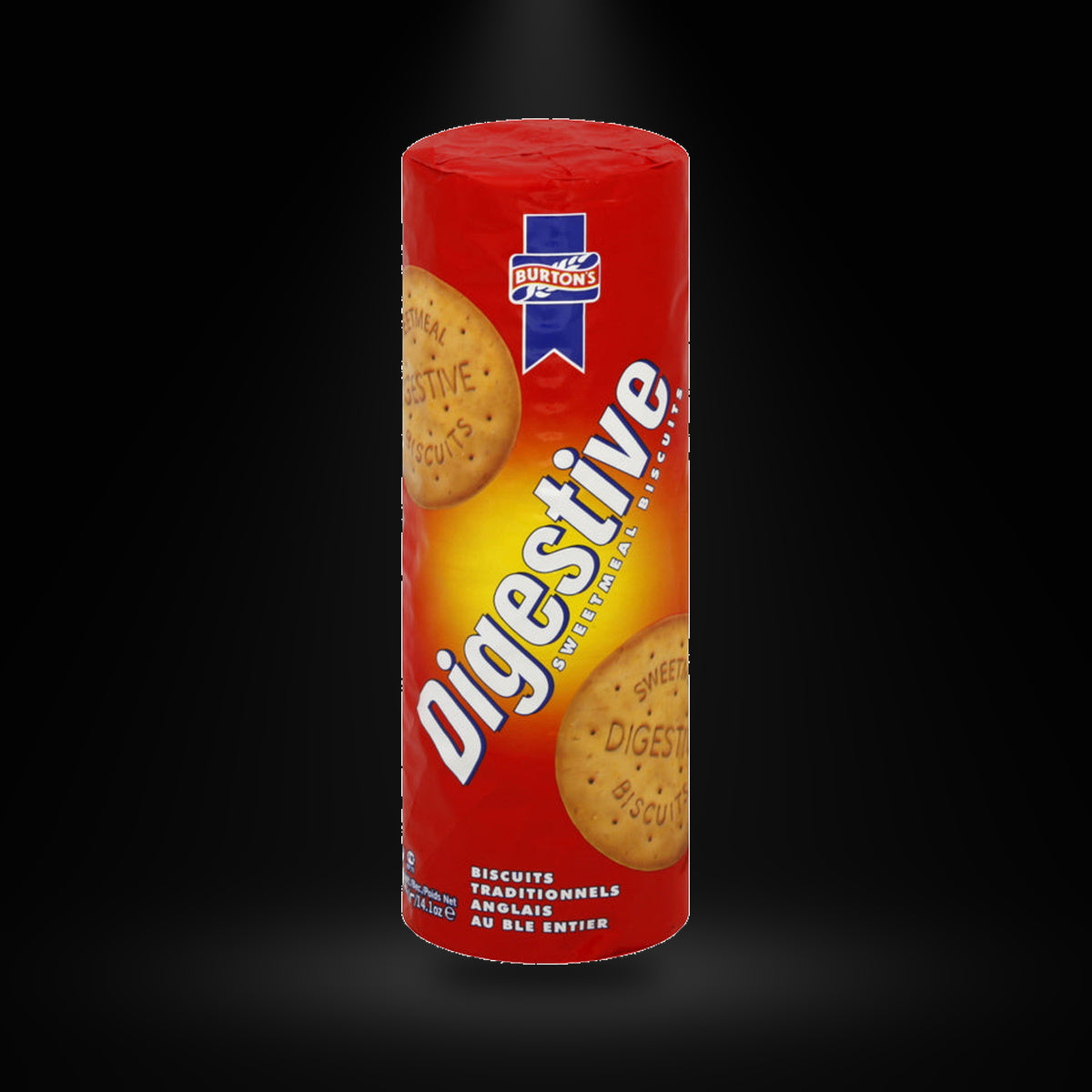 Burtons Digestive Sweetmeal 400G on a black background with an overhead spotlight