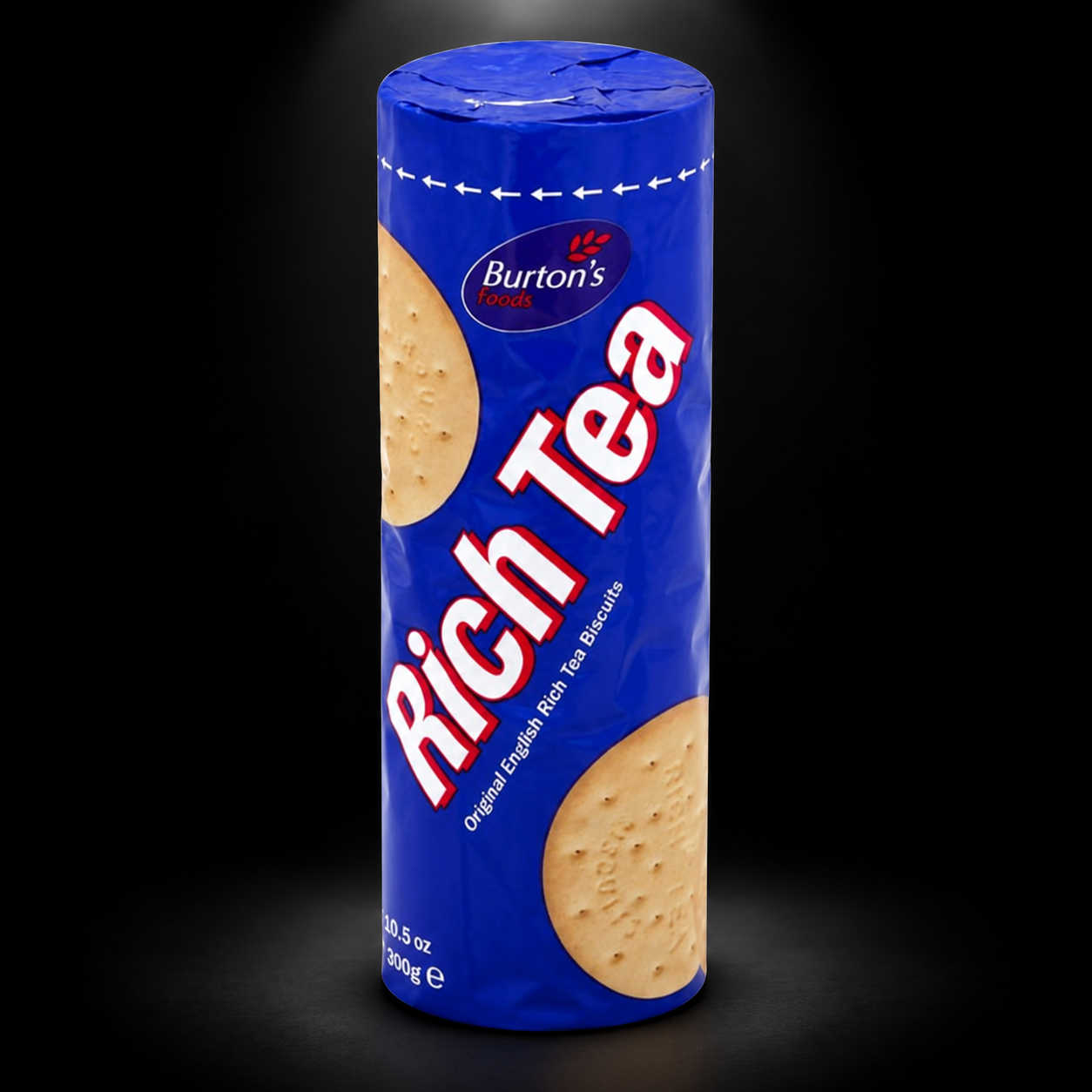 Burton's Rich Tea Roll 10.6 Ounce Packages on black background with overhead spotlight