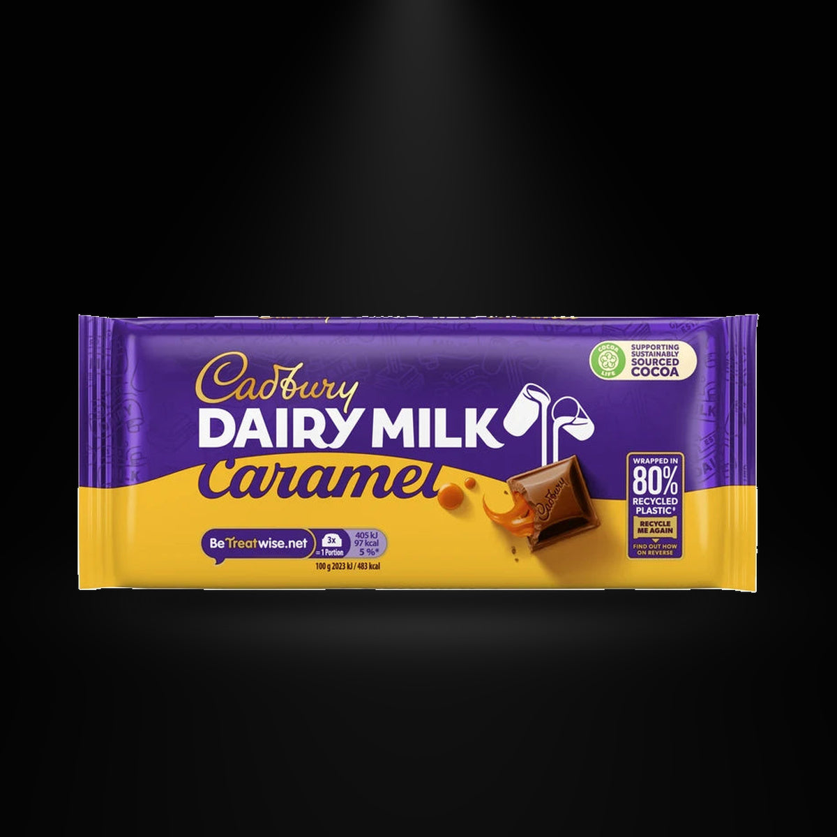 CA caramel 120g on a black background with an overhead spotlight