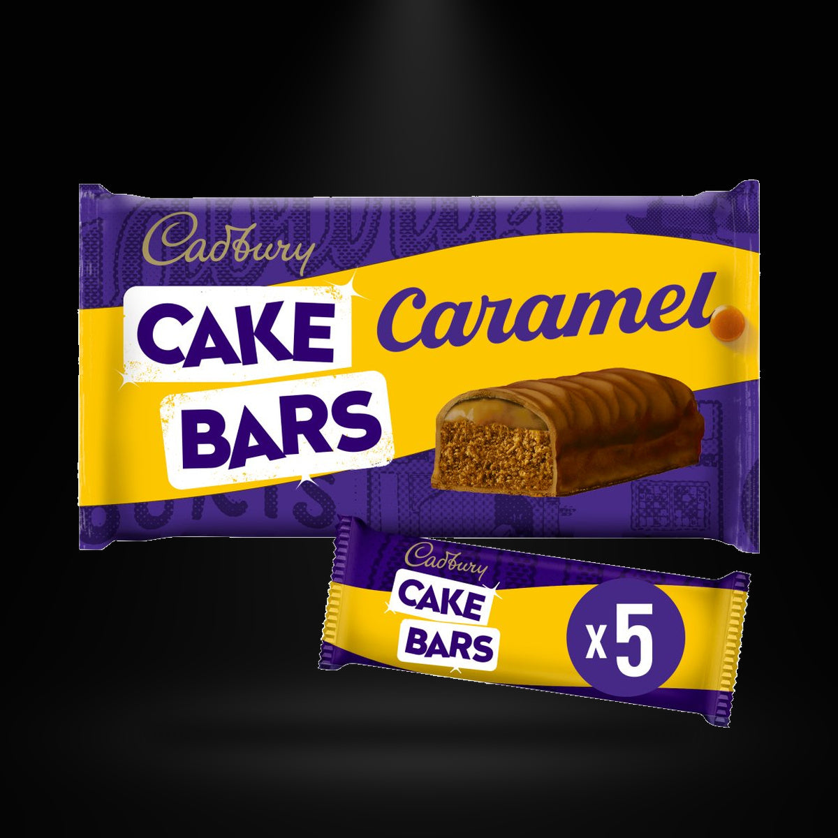 CA caramel mini 5pk on a black background with an overhead spotlight