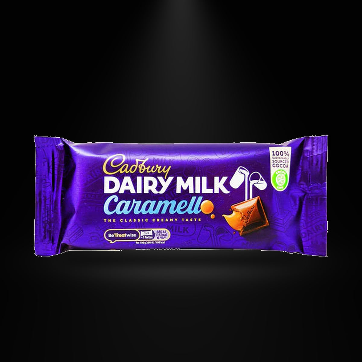 CA Caramello 47gm on a black background with an overhead spotlight