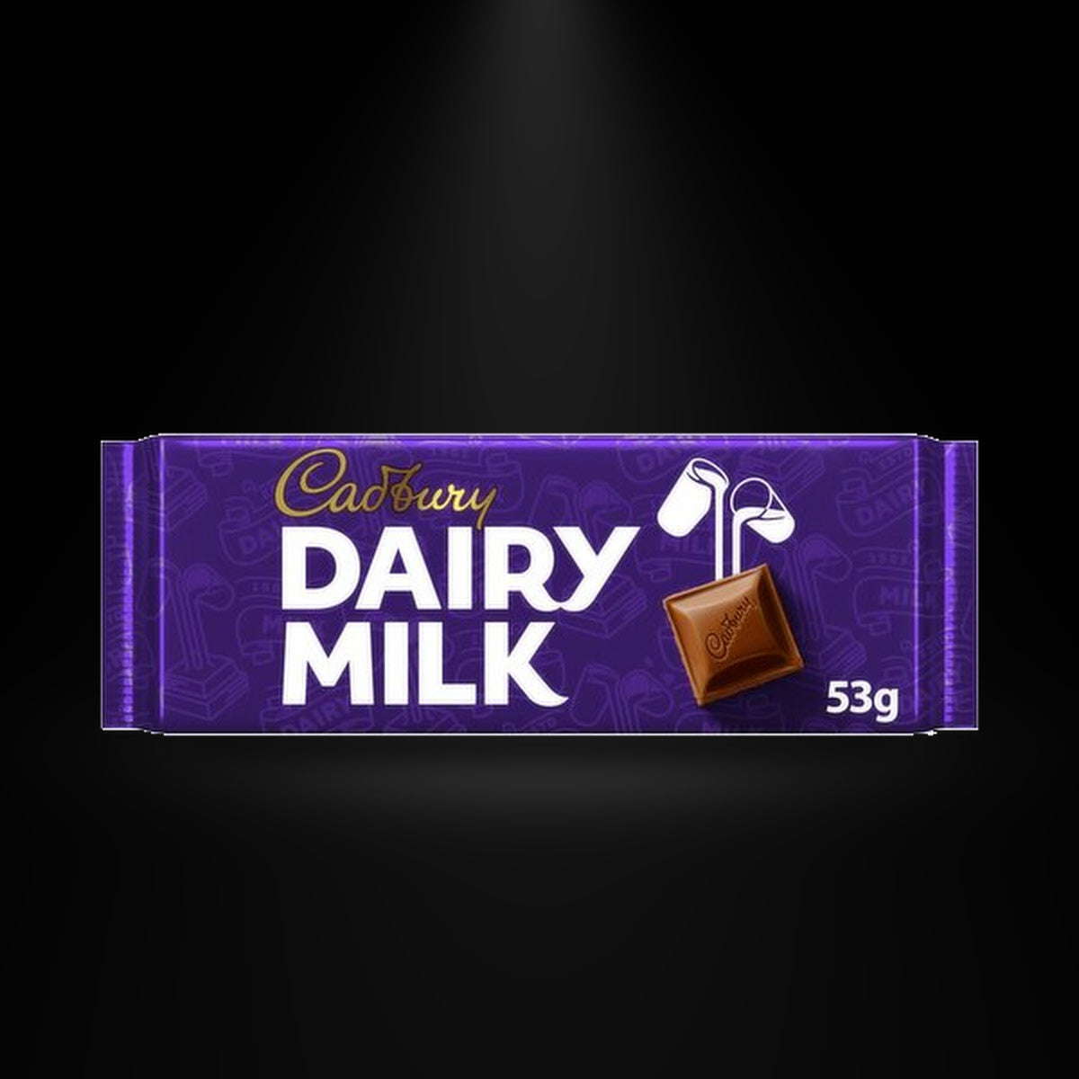CA Dairy Milk 53 g on a black background with an overhead spotlight