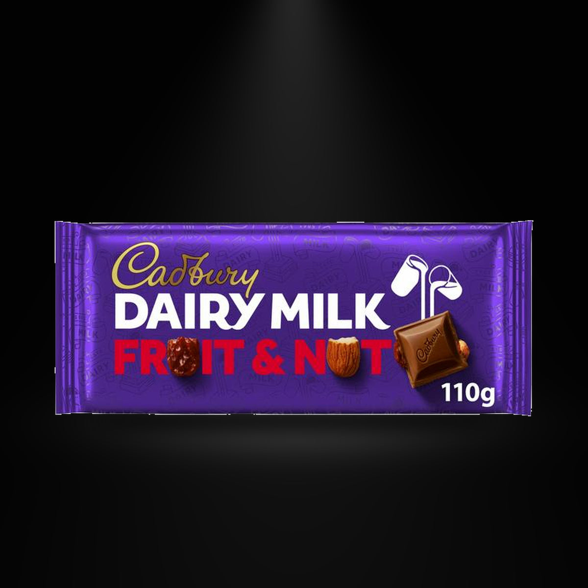 CA Dairy Milk Fruit and Nut 110gm on a black background with an overhead spotlight