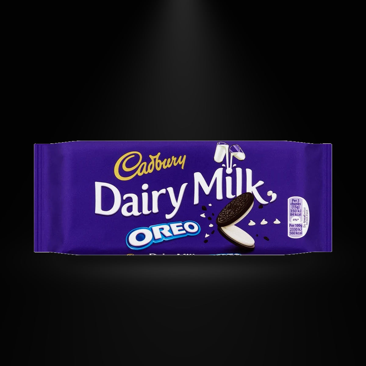 CA Dairy Milk Oreo 120 gm on a black background with an overhead spotlight