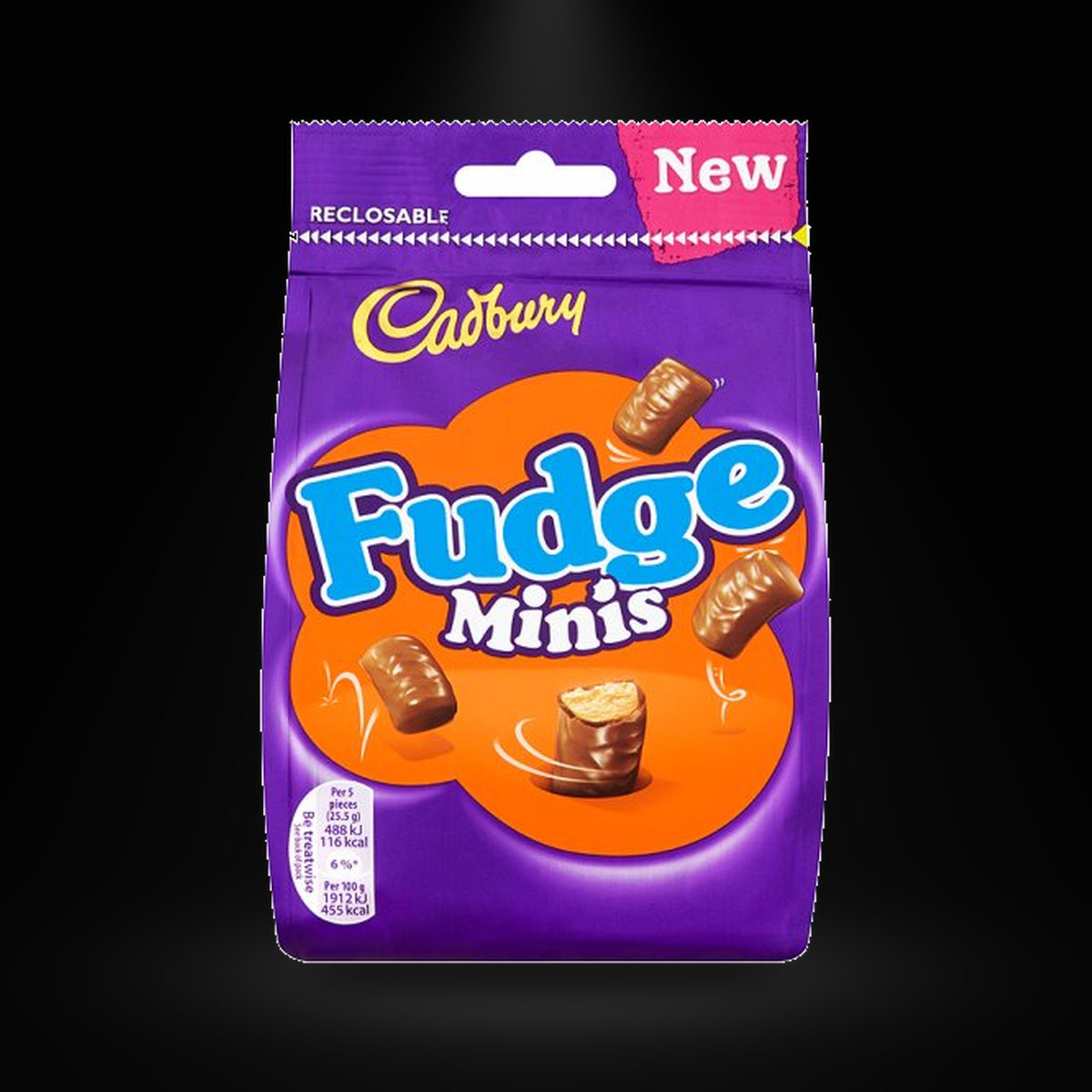 CA Fudge minis on a black background with an overhead spotlight