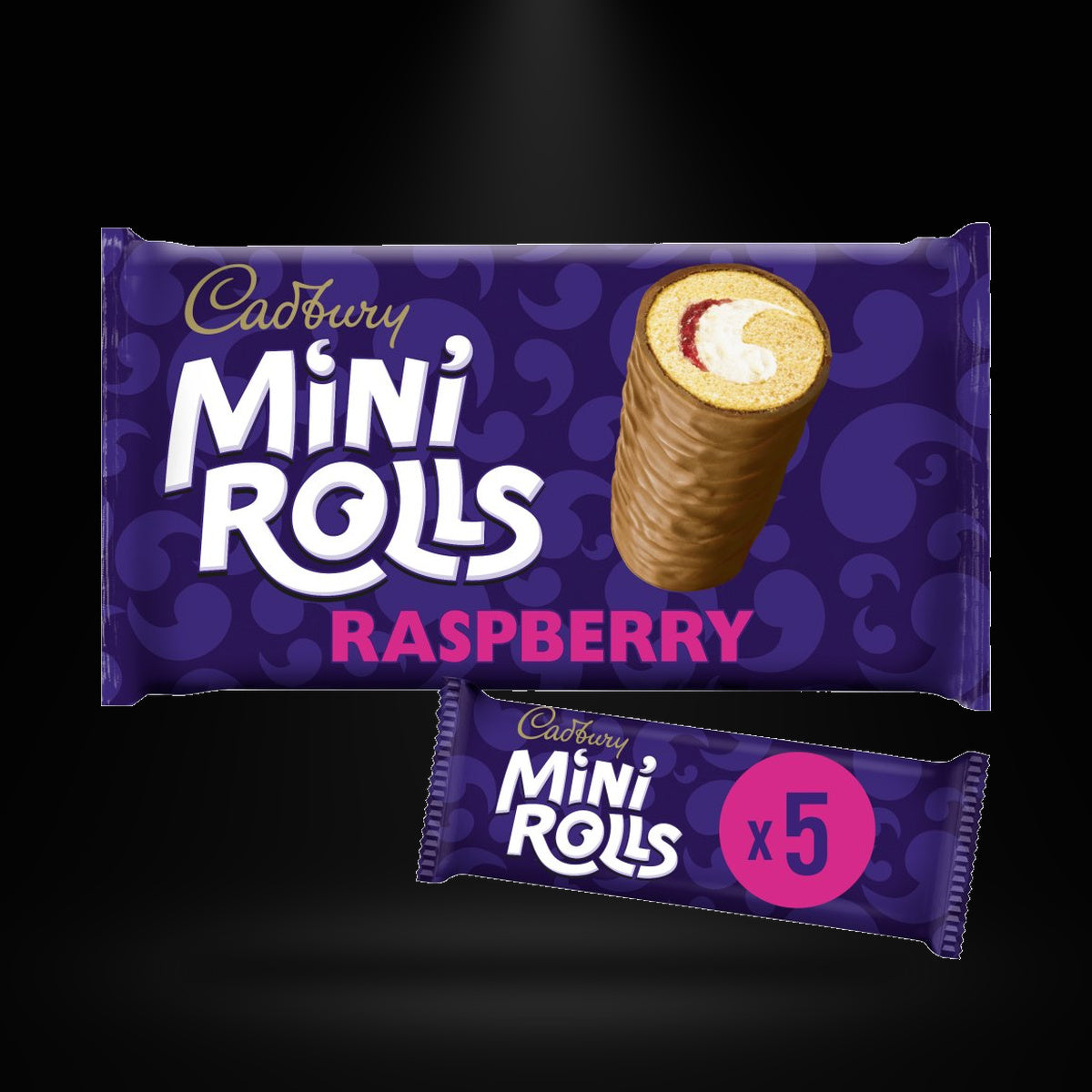 CA Mini Rolls Choc. Raspberry 5pk on a black background with an overhead spotlight
