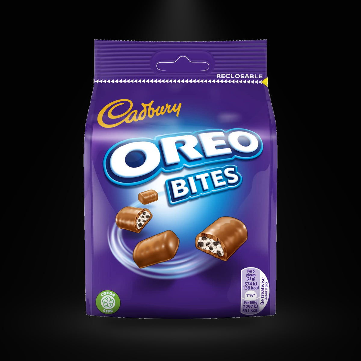 CA Oreo Bites on a black background with an overhead spotlight