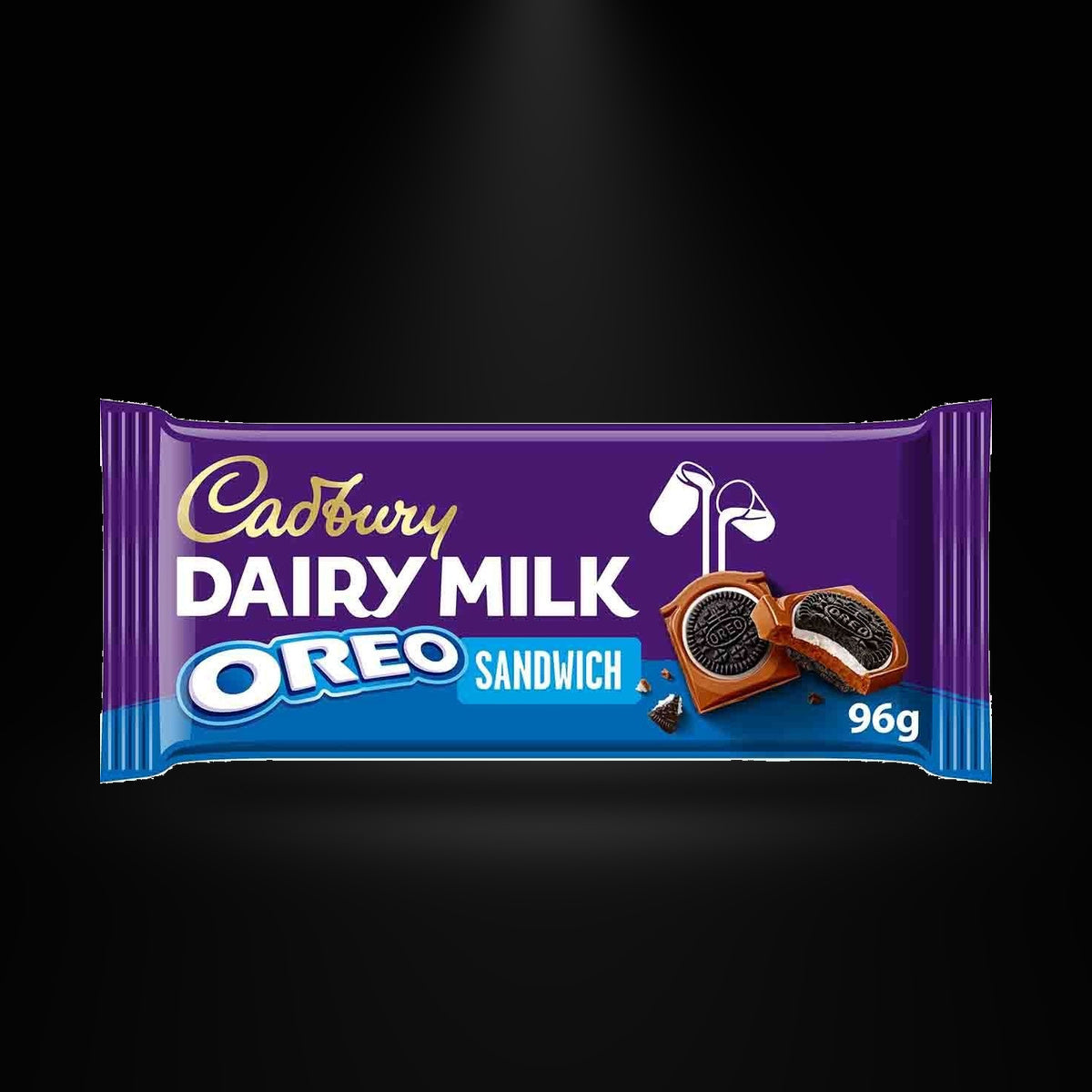 CA Oreo Sandwich 96gm on a black background with an overhead spotlight