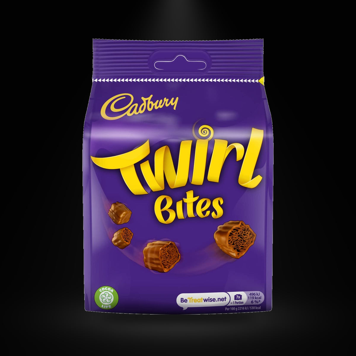 CA Twirl Bite on a black background with an overhead spotlight