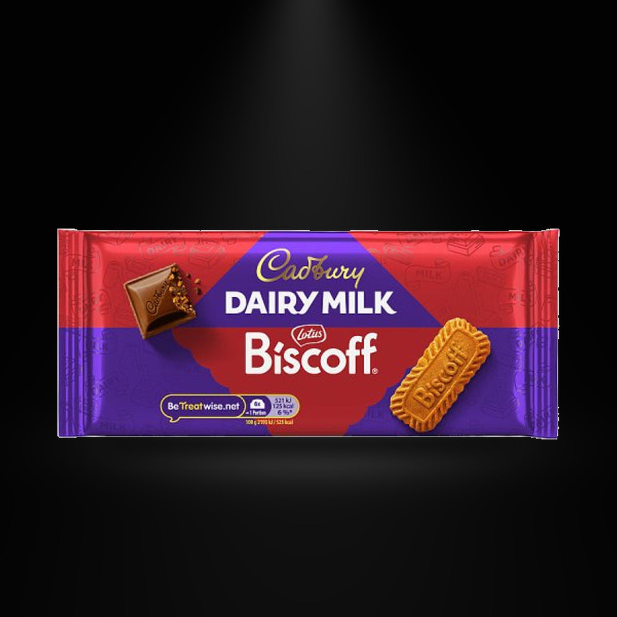 Cadbury Biscoff54G on a black background with an overhead spotlight