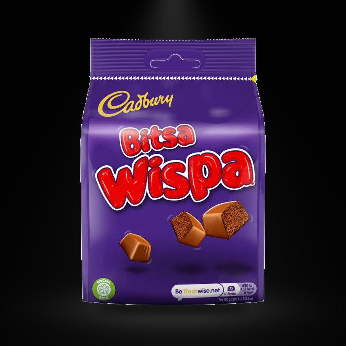 Cadbury Bitsa Wispa 100g on a black background with an overhead spotlight
