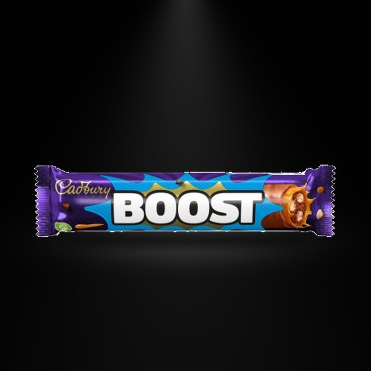 Cadbury Boost 48.5g on a black background with an overhead spotlight
