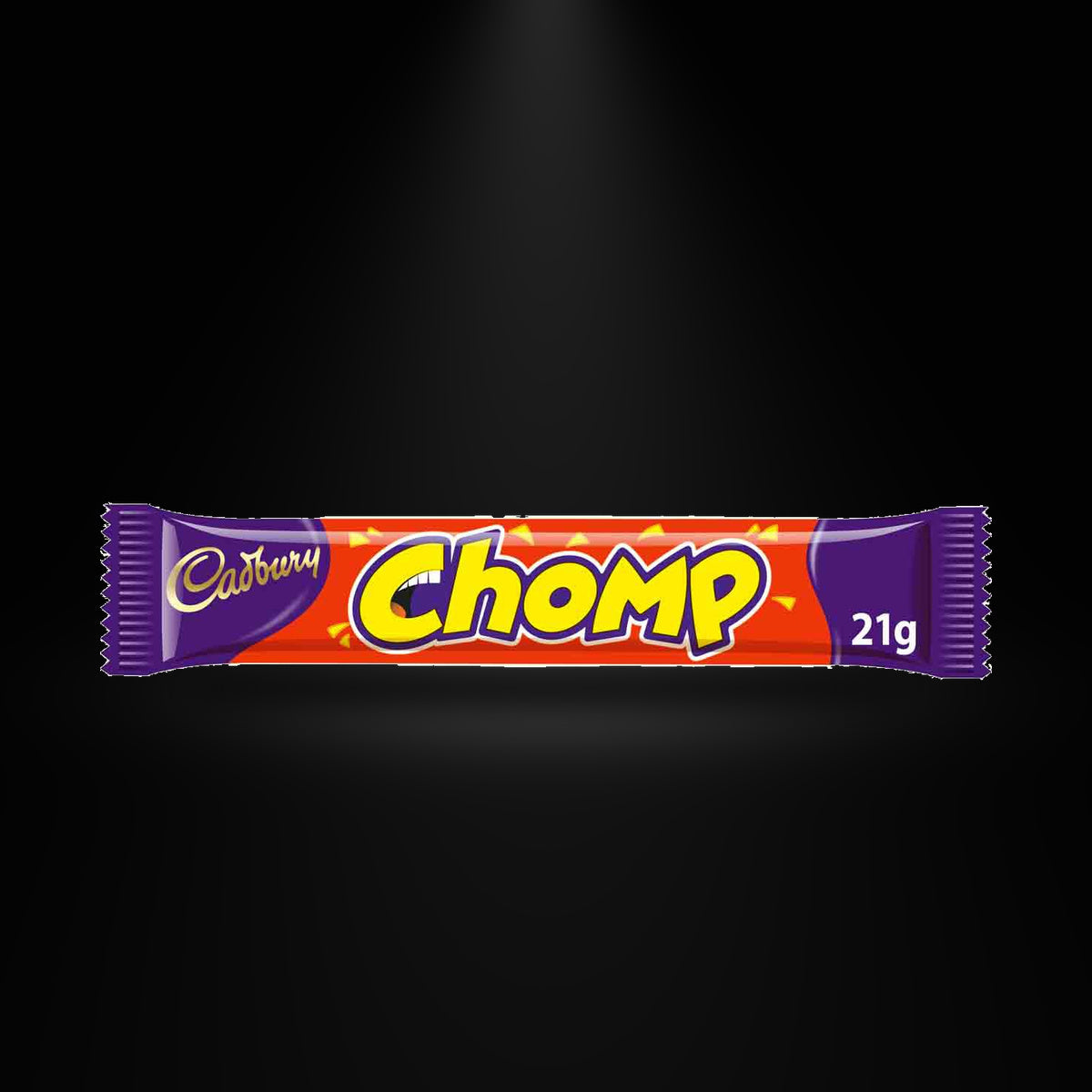 Cadbury Chomp 21gm on a black background with an overhead spotlight