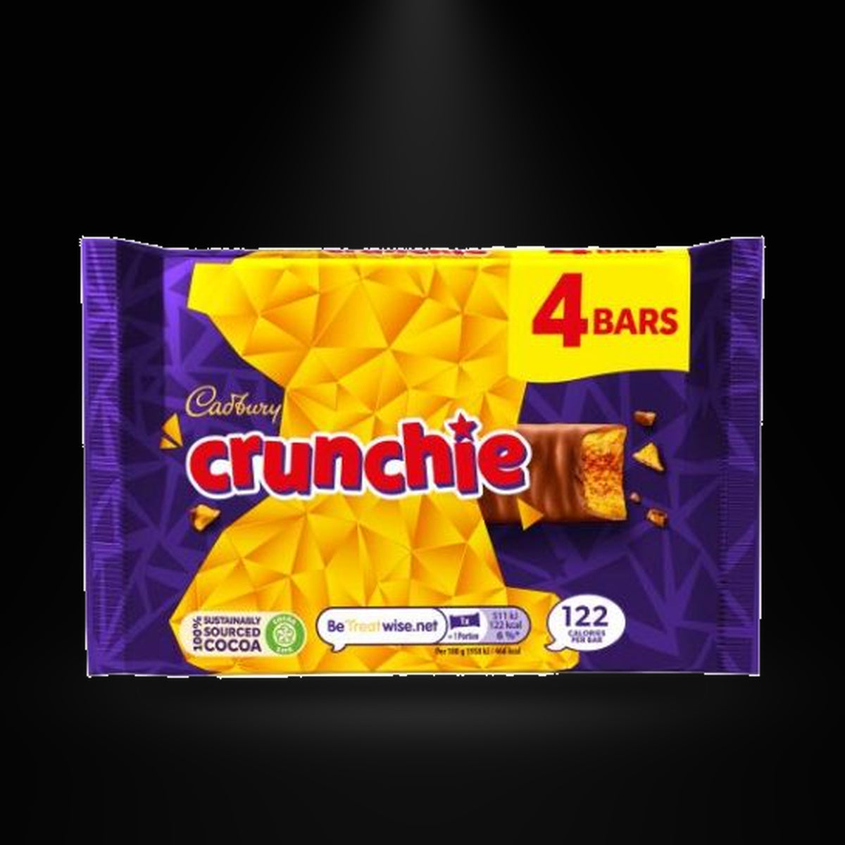 Cadbury Crunchie 4 Pack 26g on a black background with an overhead spotlight
