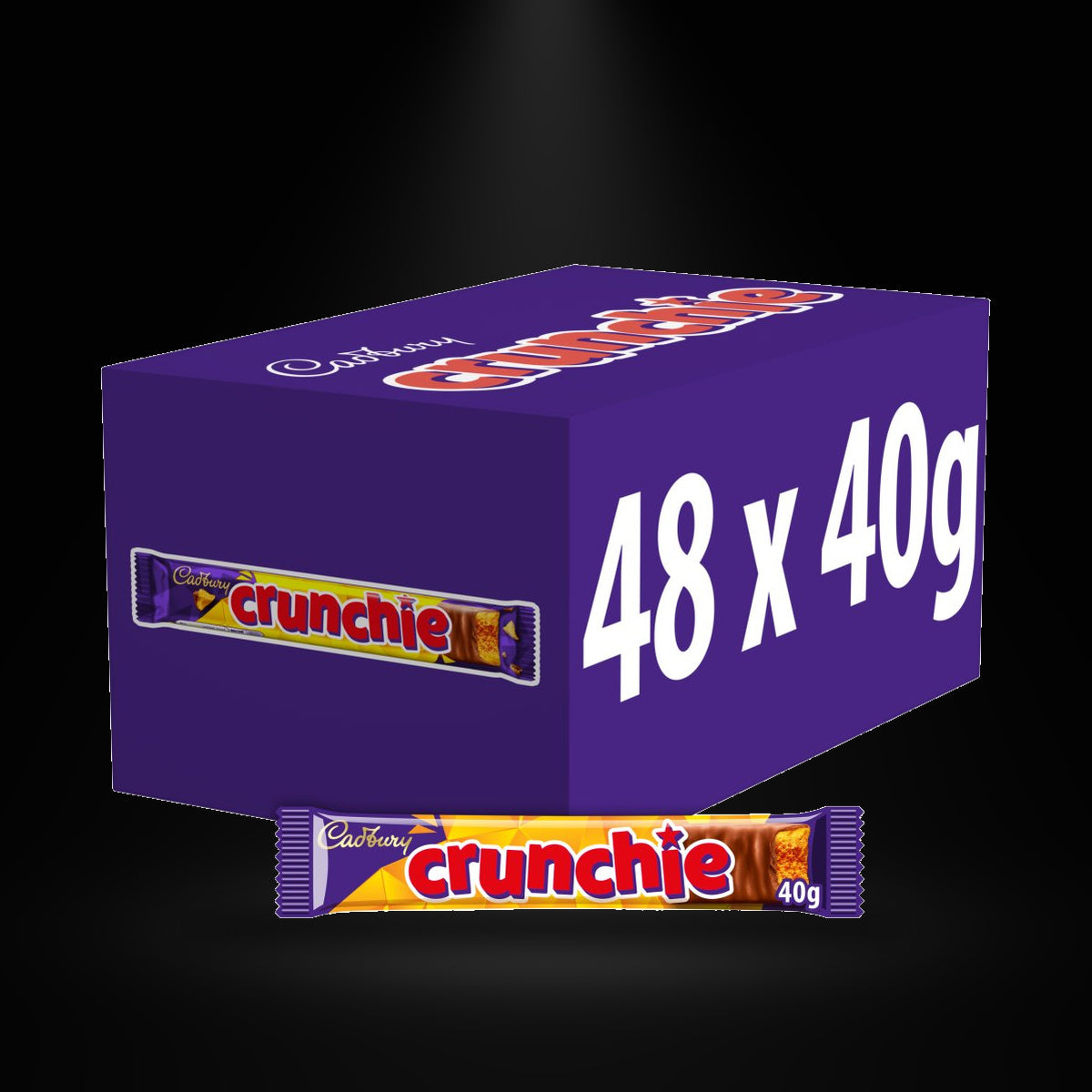 Cadbury Crunchie Bar 40g on a black background with an overhead spotlight