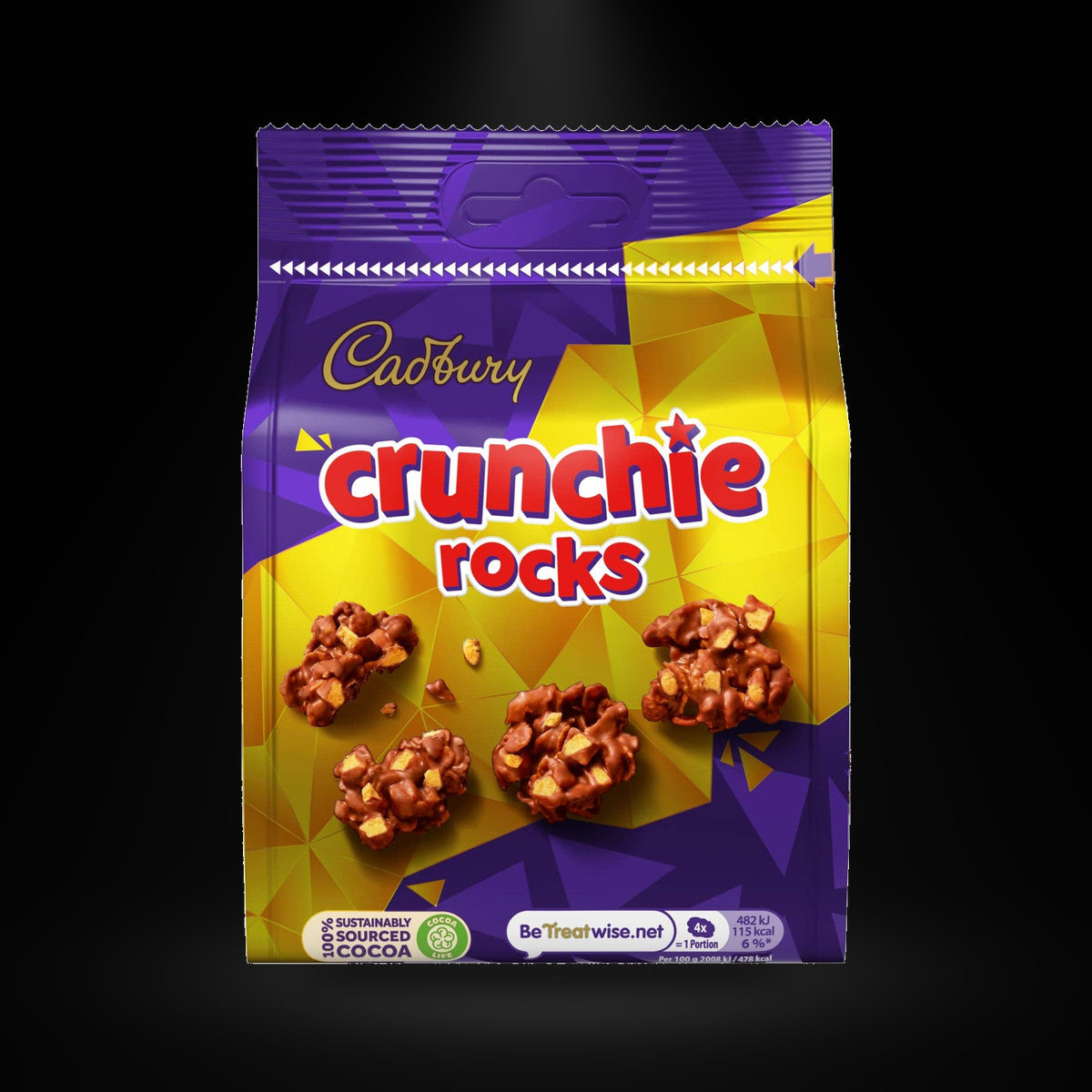 Cadbury Crunchie Rocks Bag 110g on a black background with an overhead spotlight