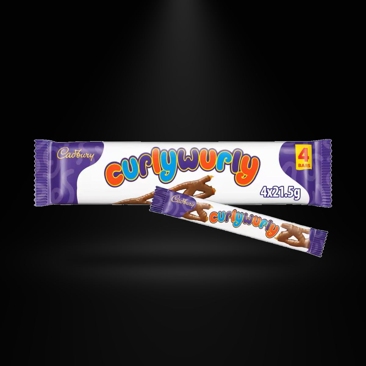 Cadbury Curly Wurly 4 Pack 21.5g on a black background with an overhead spotlight