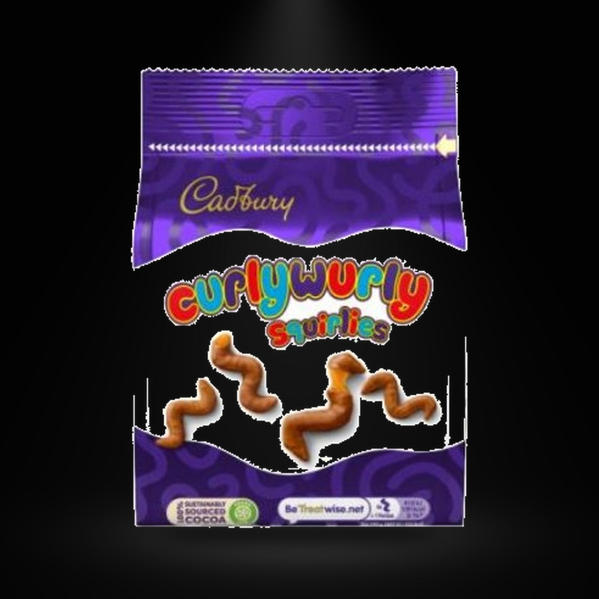 Cadbury Curly Wurly Squirlies 110g on a black background with an overhead spotlight