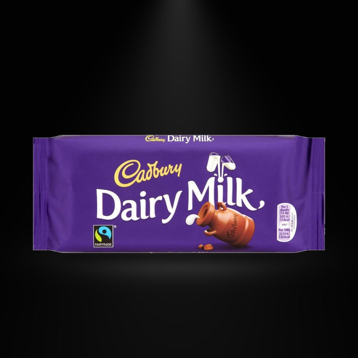 Cadbury Dairy Milk 110g on a black background with an overhead spotlight