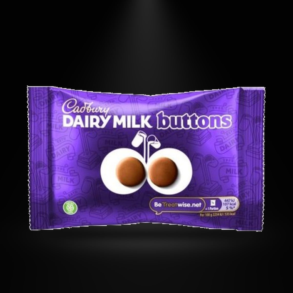 Cadbury Dairy Milk Giant Buttons 40g on a black background with an overhead spotlight