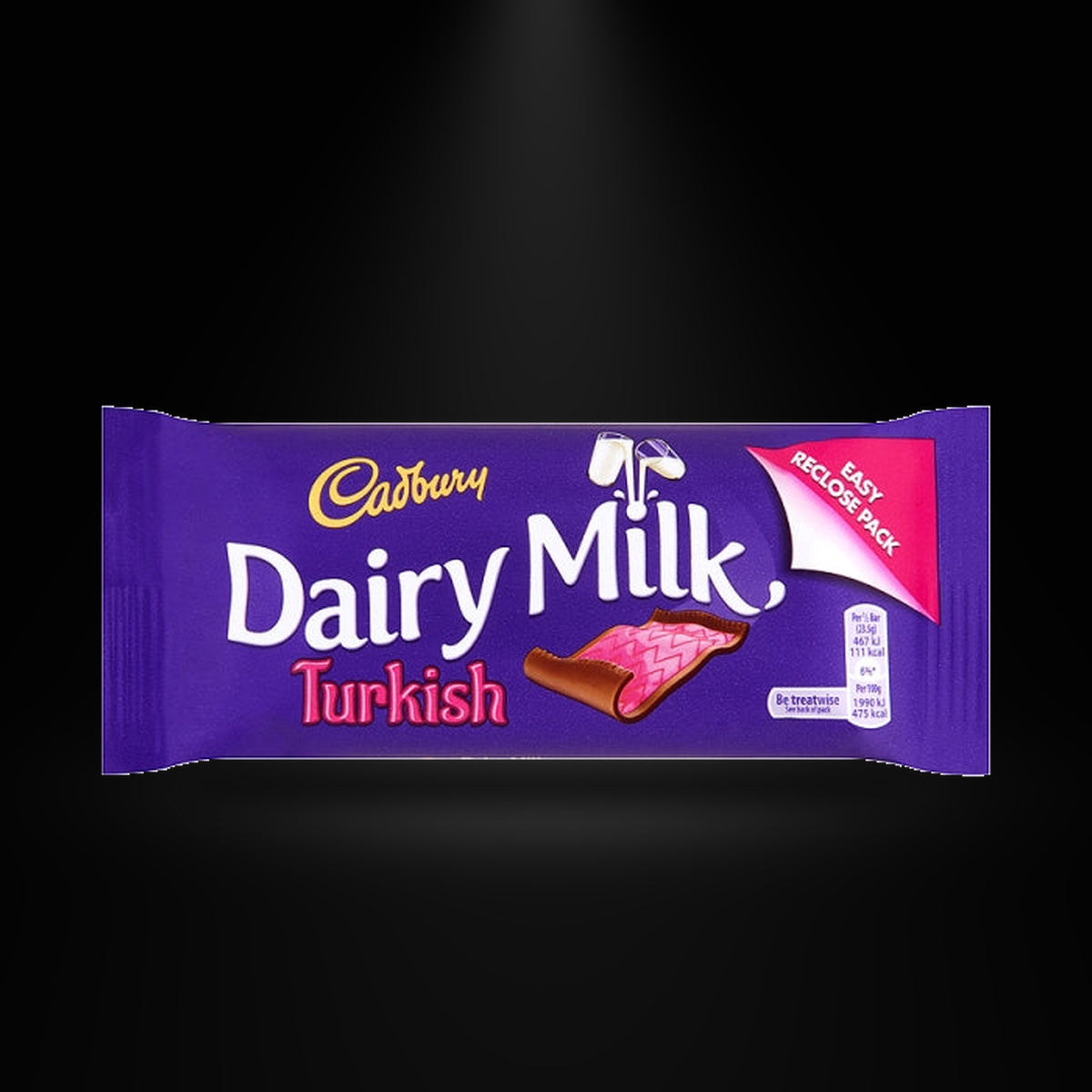 Cadbury Dairy Milk Turkish 47g on a black background with an overhead spotlight