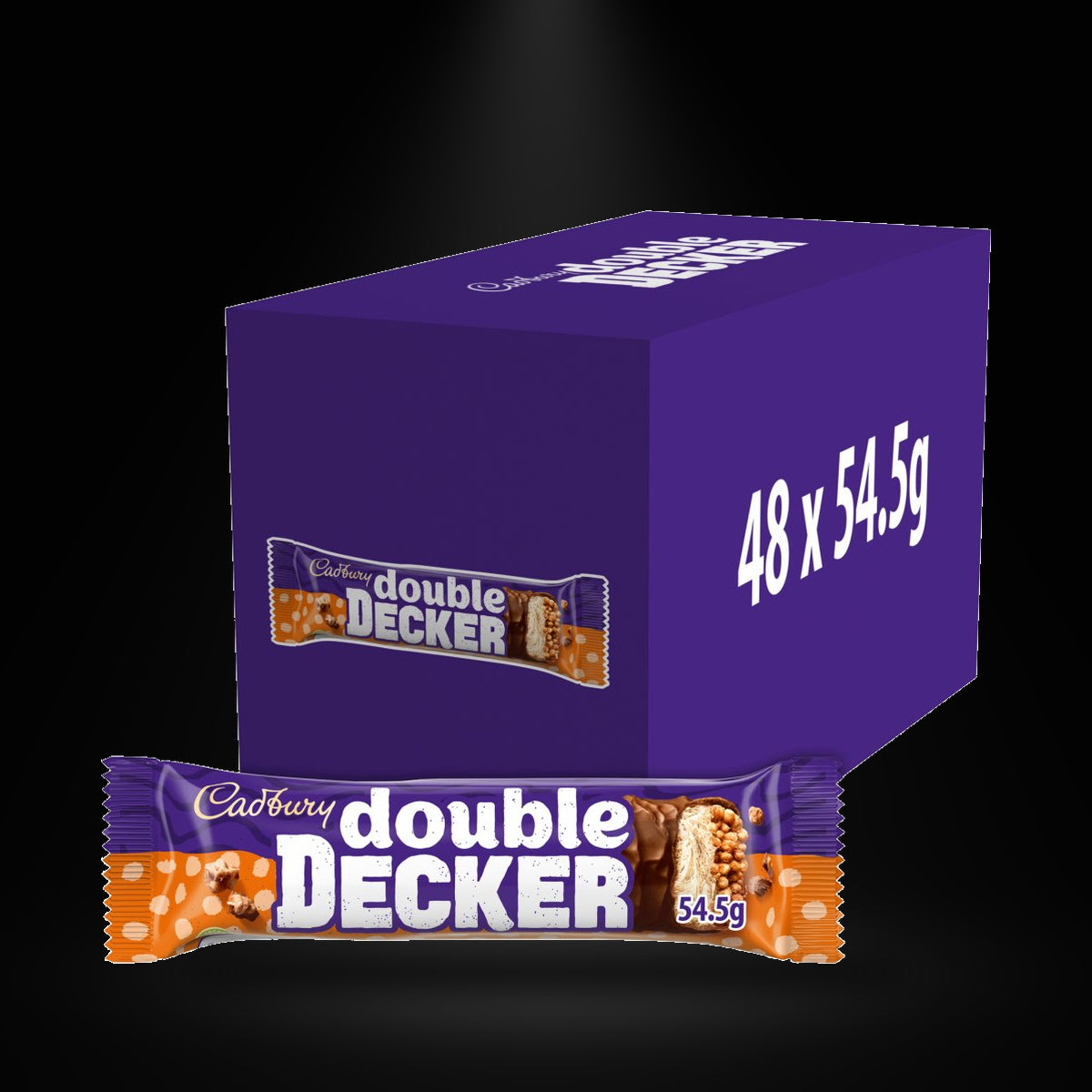 Cadbury Double Decker on a black background with an overhead spotlight