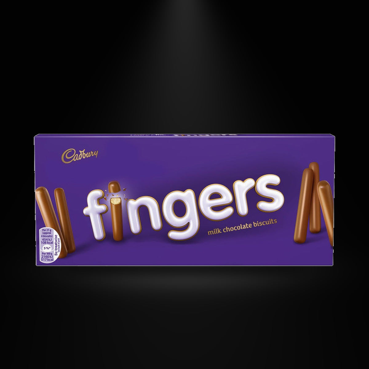 Cadbury Fingers 114gm on a black background with an overhead spotlight