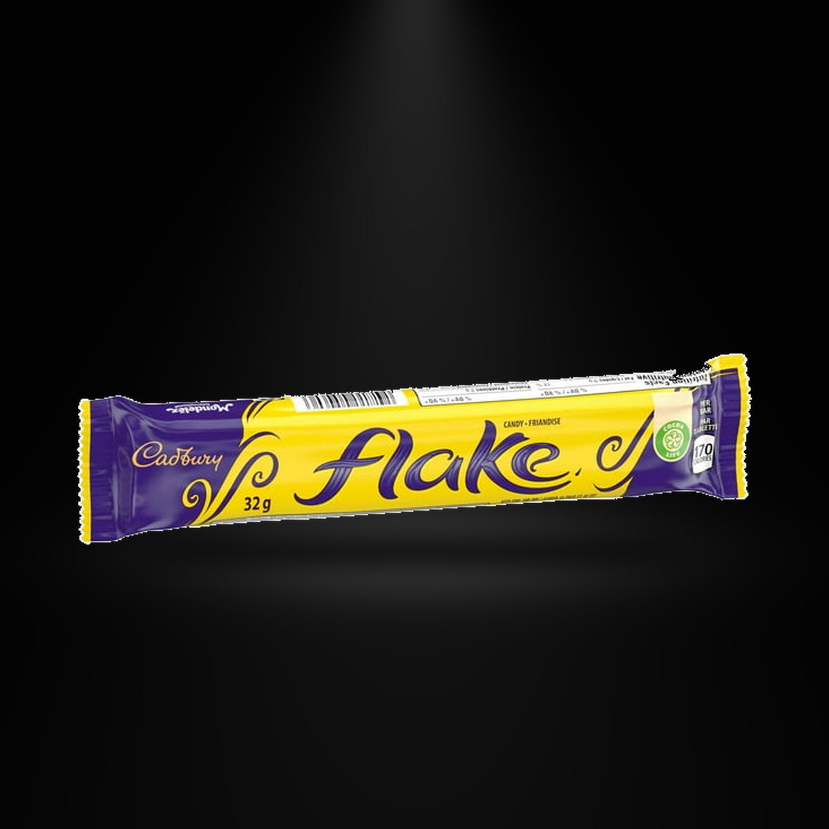 Cadbury Flake 32G on a black background with an overhead spotlight