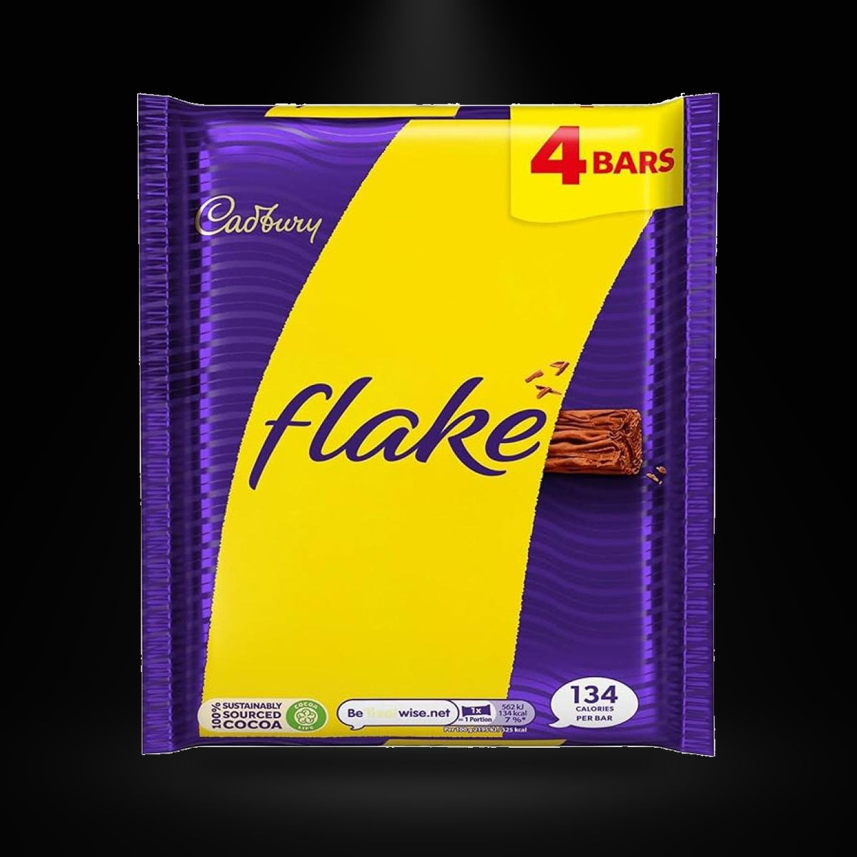 Cadbury Flake 4 Pack on a black background with an overhead spotlight