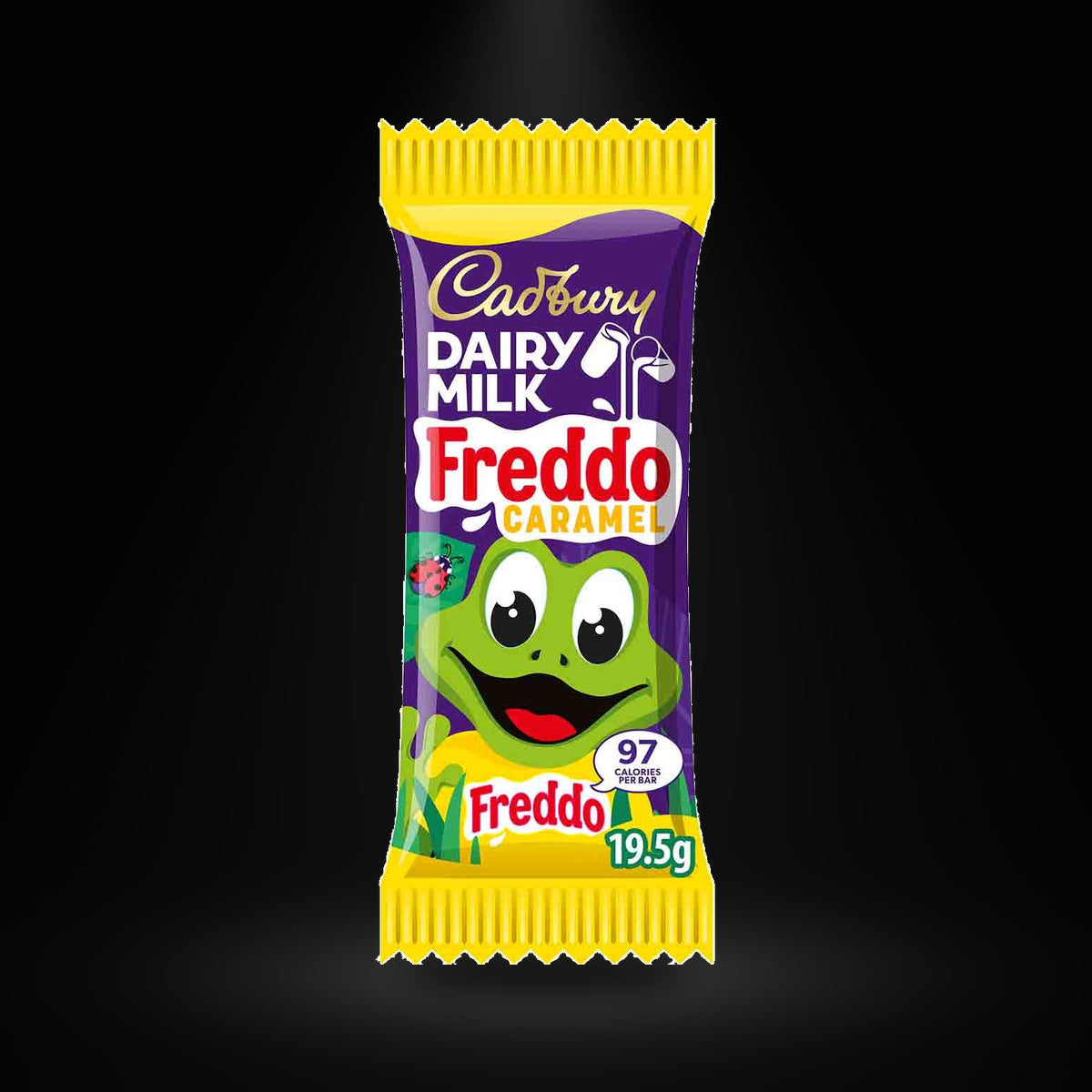 Cadbury Freddo Caramel 19.5g on a black background with an overhead spotlight