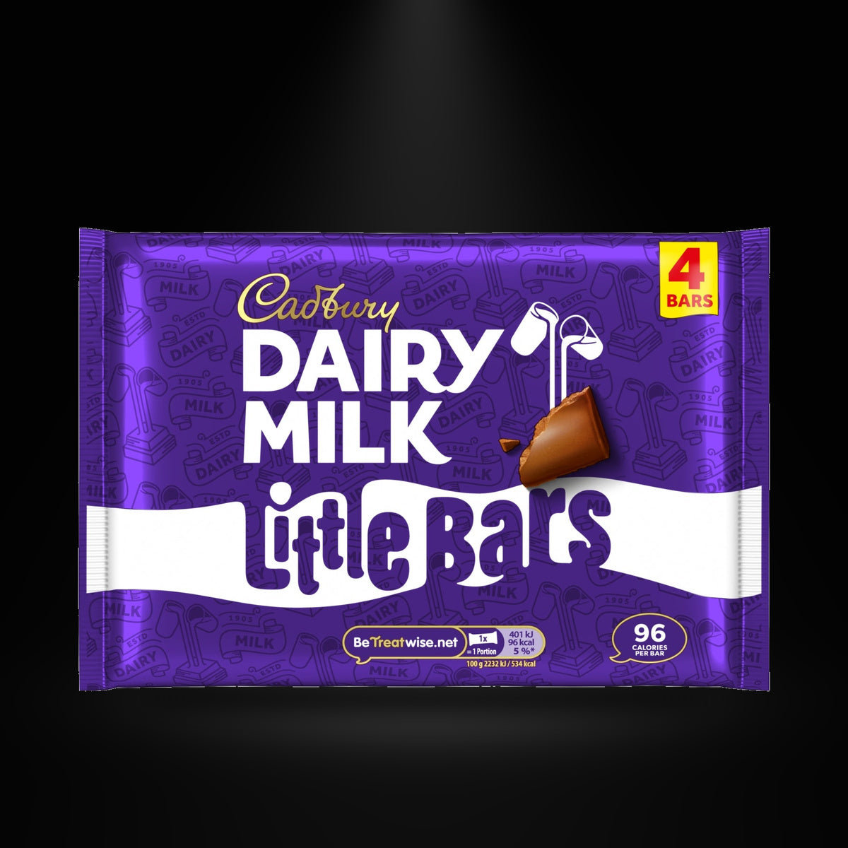 Cadbury Little Bar 4 Pack 72g on a black background with an overhead spotlight