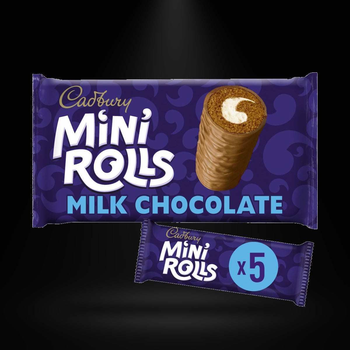 Cadbury MINI Rolls 5PACK on a black background with an overhead spotlight