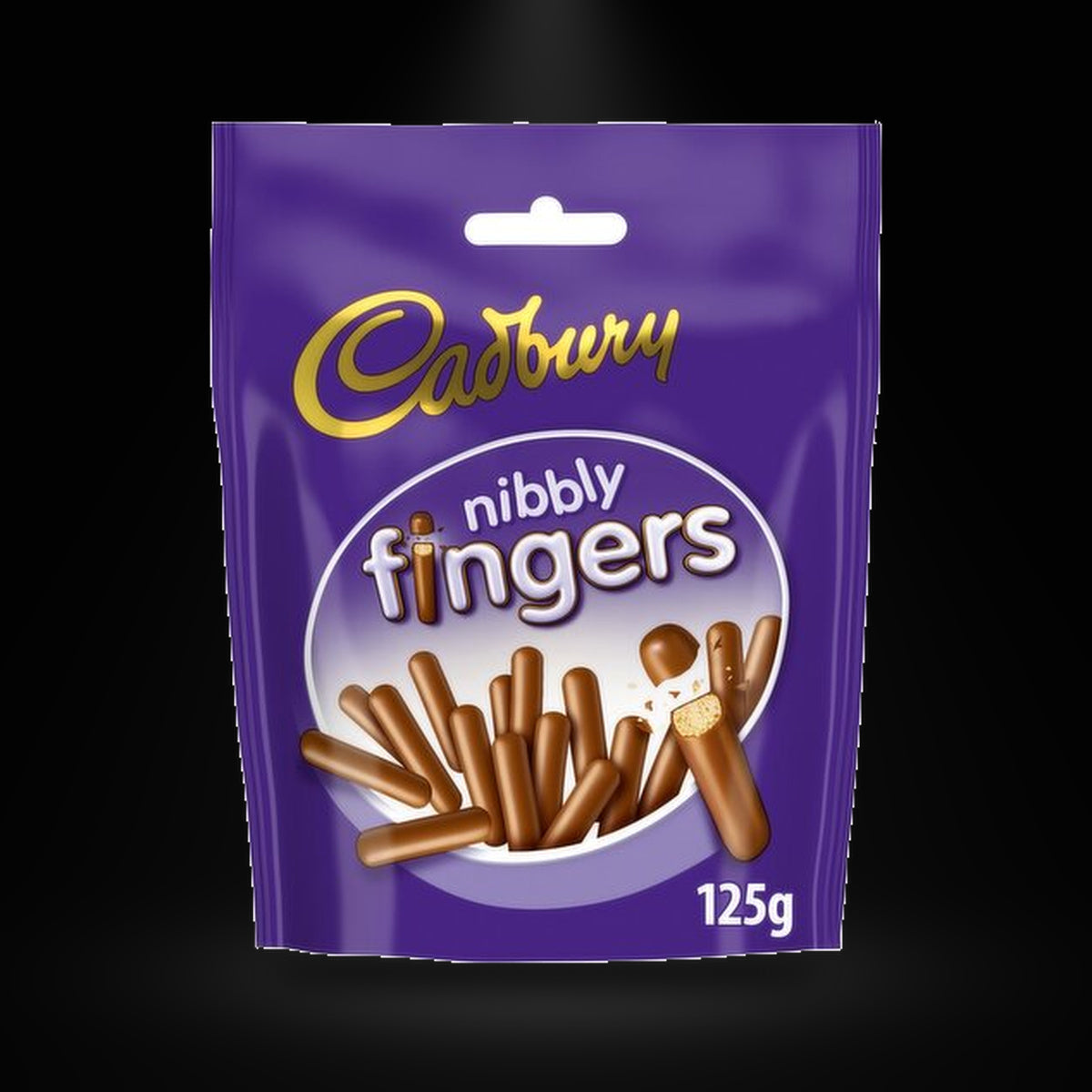 Cadbury Nibbly Fingers on a black background with an overhead spotlight