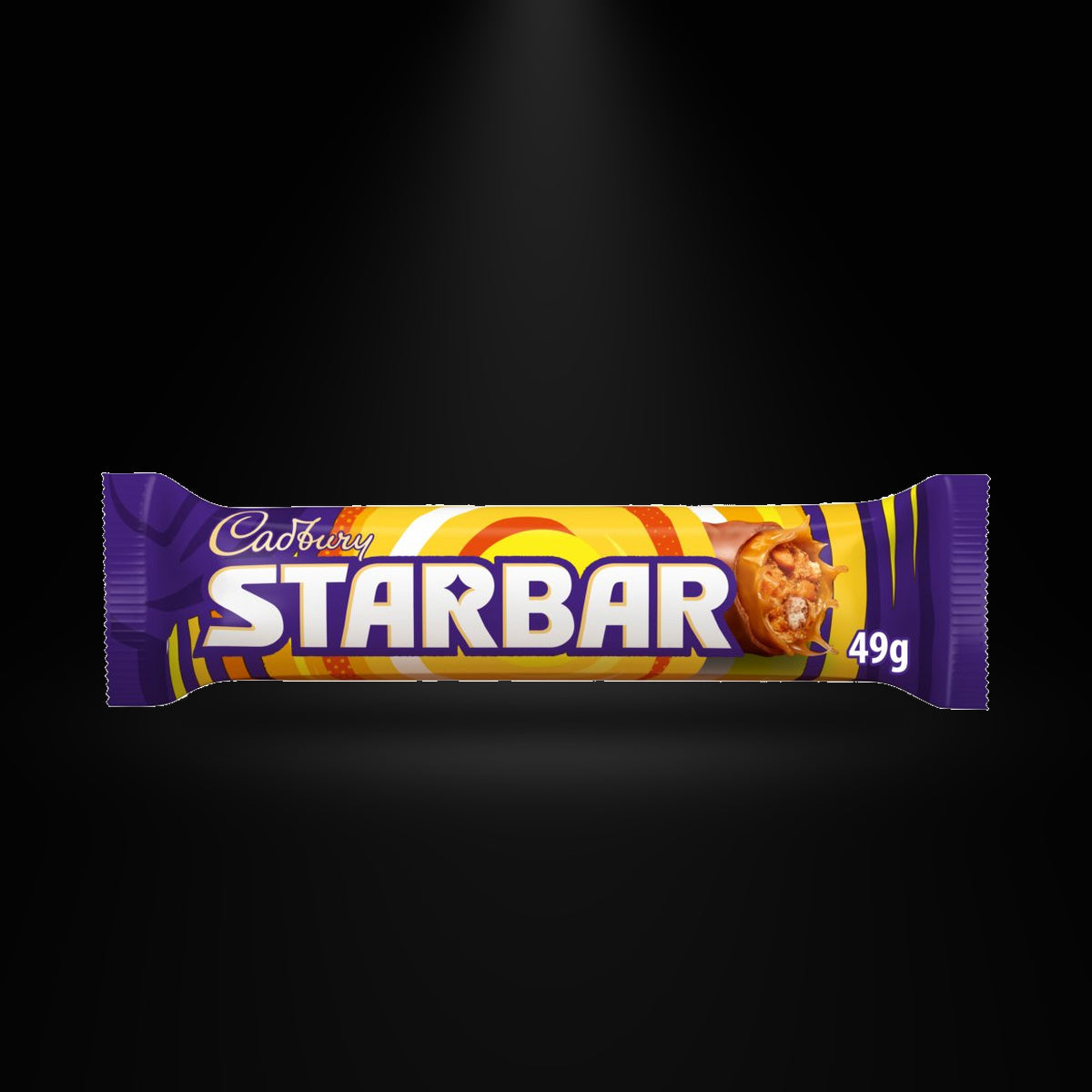 Cadbury Starbar 49G on a black background with an overhead spotlight