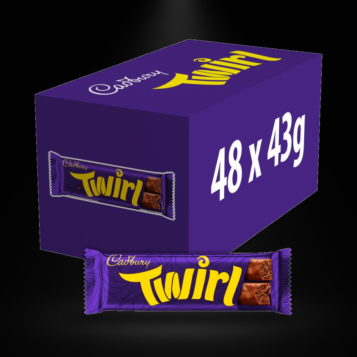Cadbury Twirl 43G on a black background with an overhead spotlight