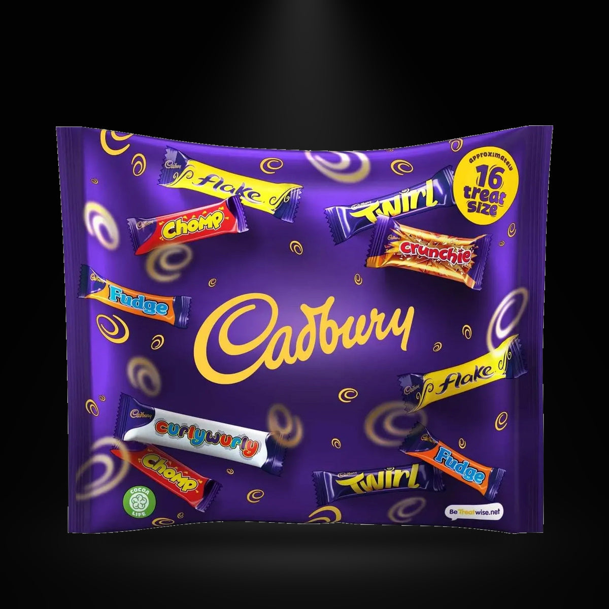 Cadbury Variety Treat Size 223g on a black background with an overhead spotlight