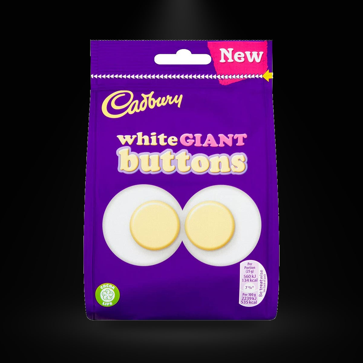 Cadbury White Buttons 100g on a black background with an overhead spotlight