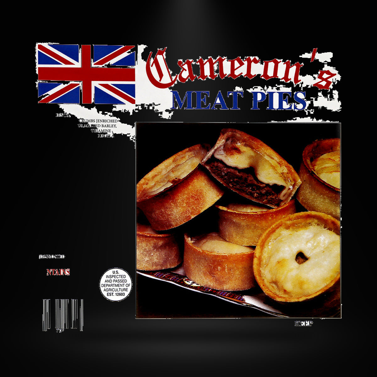 Cameron Meat pie 4PK 510G on a black background with an overhead spotlight