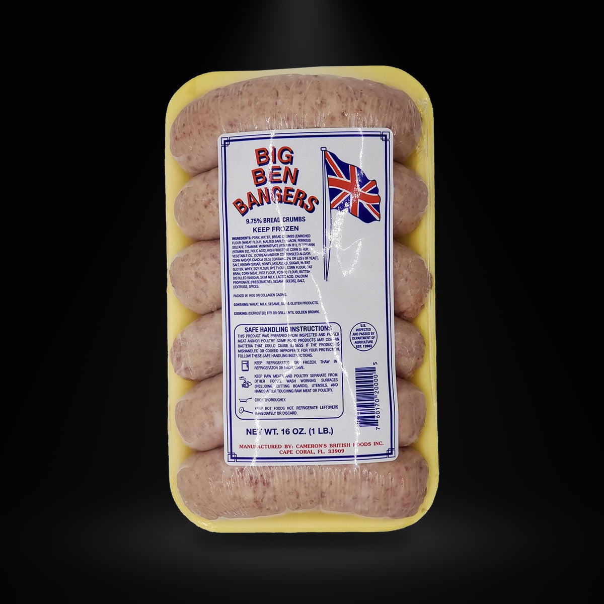 Cameron's Big Ben Banger Meat 454G on a black background with an overhead spotlight