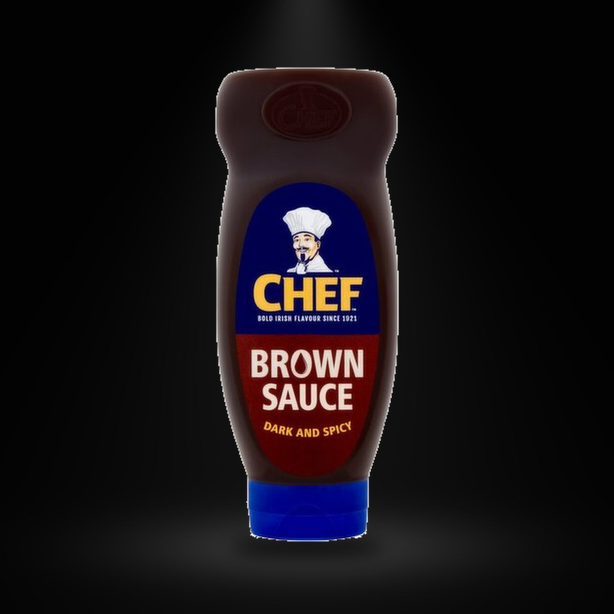 Chef Brown sauce 730g on a black background with an overhead spotlight