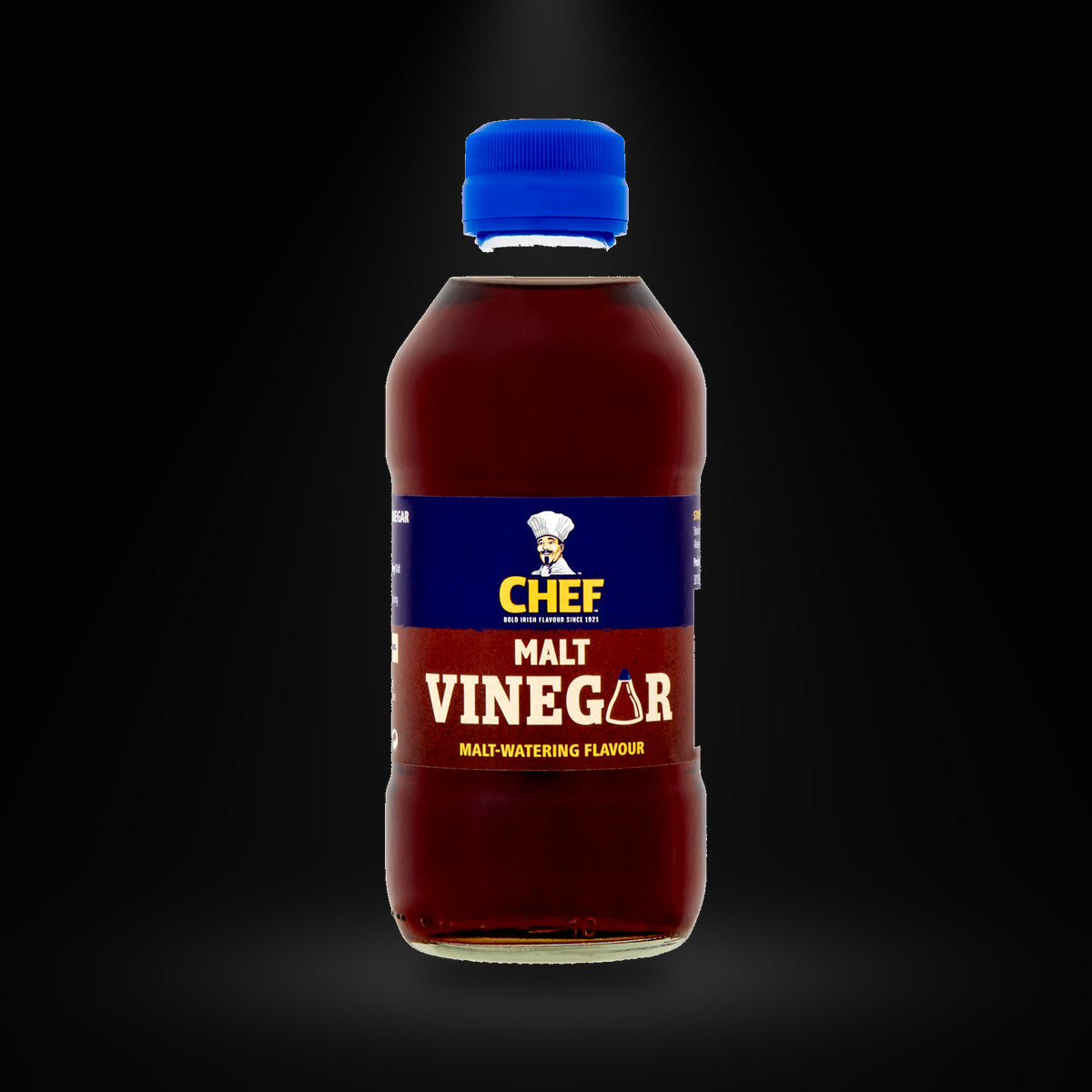 Chef Malt Vinegar 284 ml on a black background with an overhead spotlight
