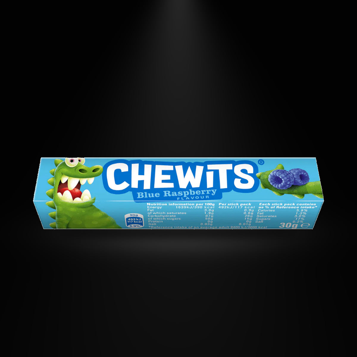 Chewits Blue Raspberry 30g on a black background with an overhead spotlight